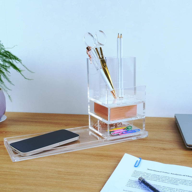 EXPUTRAN Clear Acrylic Desk Organizer 4-Piece Desk Kit + Free Complimentary Acrylic Ruler, Desktop Organization for Office or Home - Image 4